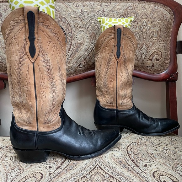 VTG Larry Mahan El Paso Brown Black Leather Western Cowboy Boots Pull On Sz 9.5 - Picture 2 of 11